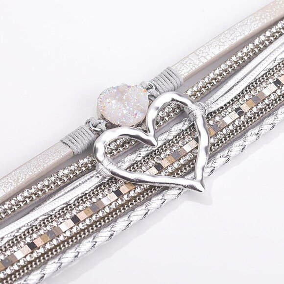 Heart Leather Wrap Bracelet Silver Boho Cuff Rhinetone Magnetic Clasp Women - Picture 5 of 9